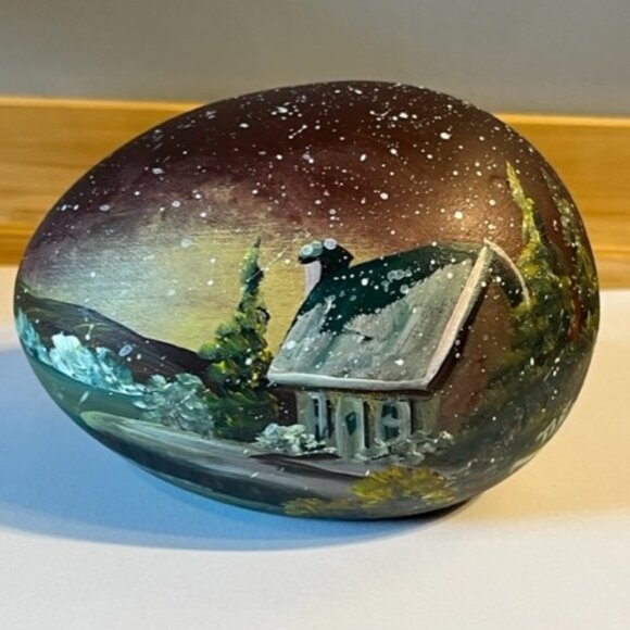 Vtg painted egg winter scene Quebec Folk artist signed Tifo Francine Fugère - Picture 1 of 5